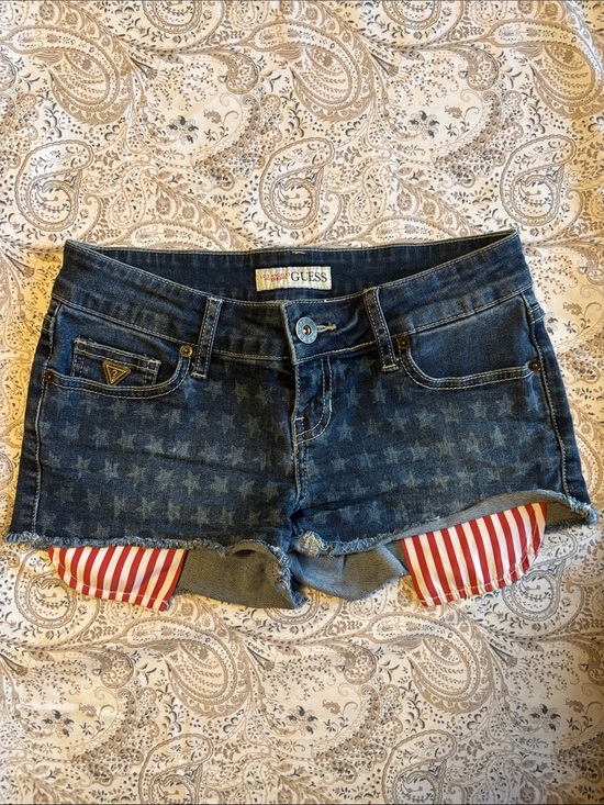 Guess Pants - GUESS Blue Denim Star-Print Cutoff Shorts with Red-White Liner